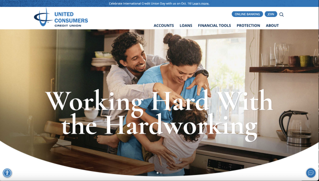 UCCU credit union website with family playing and the words "working hard with the hardworking."