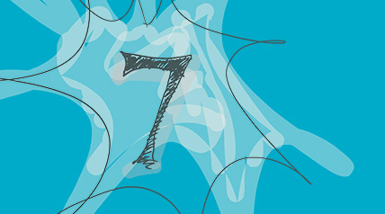 Illustration of the number 7 with a white starburst behind it.