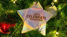 shiny star on an evergreen tree with words: let's celebrate together