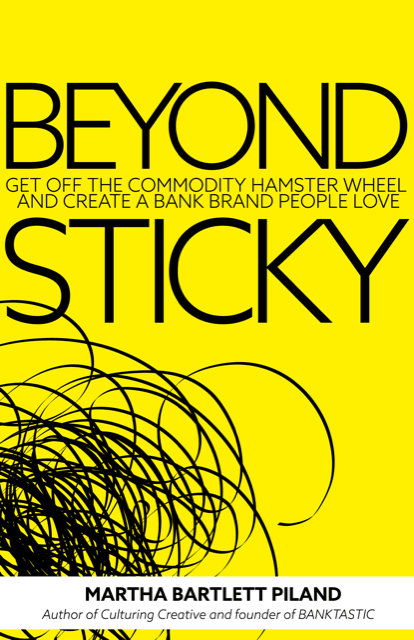 Beyond Sticky Cover Bank Marketing Book  in bright yellow with a scribble illustration resembling a tumbleweed